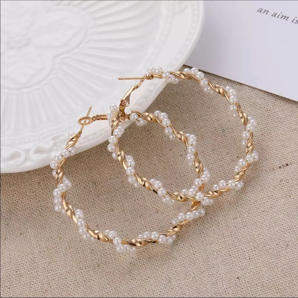 Twisted Faux Pearl Gold Hoop Earrings - Picture 2 of 8